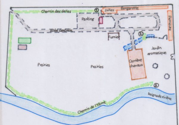 plan parc 1 plan de la petite promenade dans le parc avec ses trois étapes: 1 chemin des dalles 2 jardin aromatique 3 chemin de l'yèvre